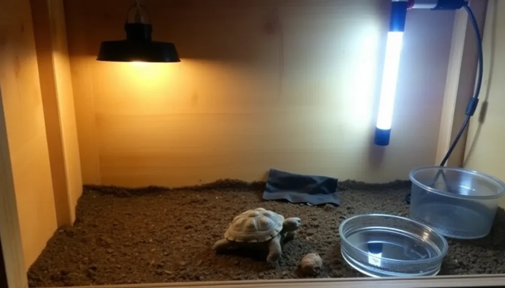 Akwarium dla żółwia lądowego – tak naprawdę to suche terrarium dla żółwia stepowego z lampą UVB i podłożem.