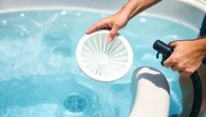 Prawidłowe czyszczenie jacuzzi ogrodowego, widoczna osoba myjąca filtr kartuszowy, woda w jacuzzi jest czysta