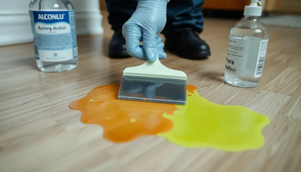 Jak usunąć farbę z paneli podłogowych, widoczna plama z farby i plastikowy skrobak