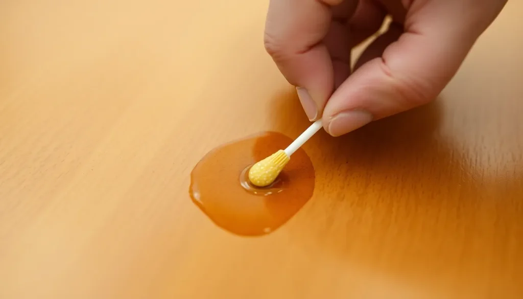 Usuwanie kleju Kropelka z mebli, widoczna plama z Super Glue na drewnianym stole i metoda czyszczenia