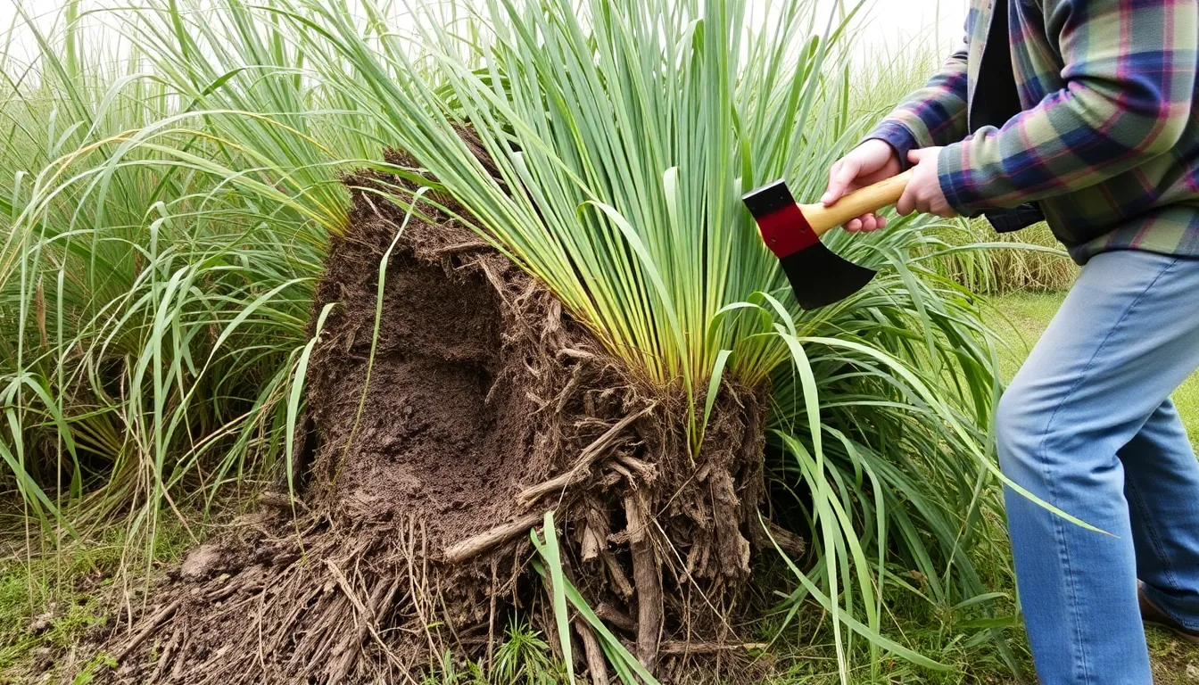 Jak usunąć miskanta olbrzymiego, widoczna olbrzymia i twarda bryła korzeniowa (karpa) i siekiera