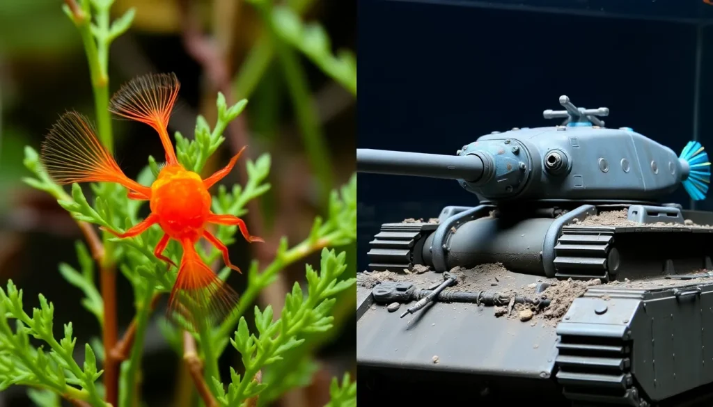 Rak do akwarium – po lewej mały, pomarańczowy rak miniaturowy CPO, po prawej duży, agresywny rak luizjański.